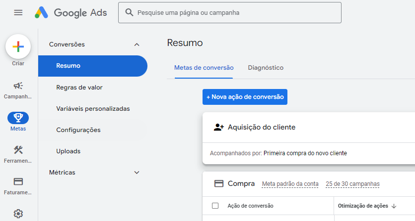 Metas Resumo Nova ação de conversão